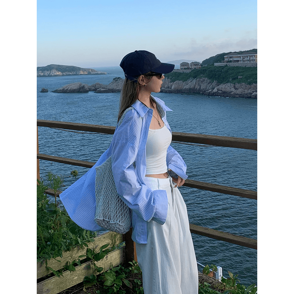 항구 바람 품격 파란색 루즈핏 POLO 칼라 셔츠 여성 코트 조기 봄 레트로 고유 한 Chic 고급 센스 맨위 이미지 5
