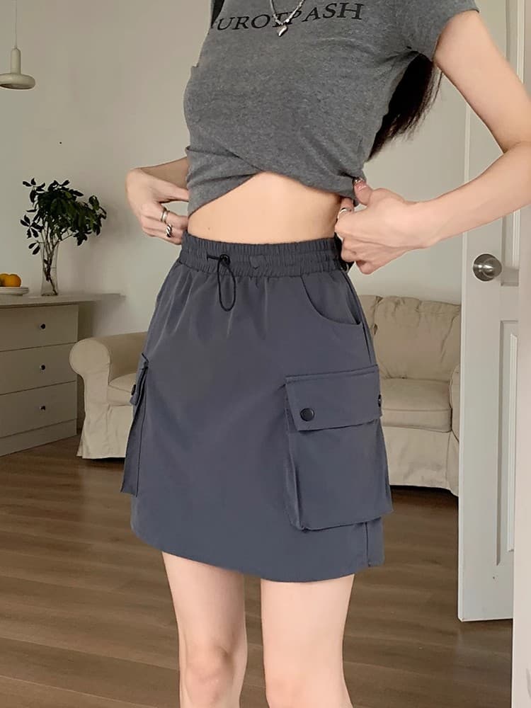 원본 것 허리밴드 펌프 로프 반신 스커트 미니 스커트 작은 대중 A라인 스커트 슬림해 보이는 회색 치마 워크웨어 치마 상세 이미지 7