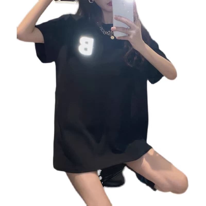 여름 새로운 한국 스타일 루즈핏 반팔 티셔츠 여성 3d 3 차원 범프 반사 프린트 여성 의류 맨위 이미지 5