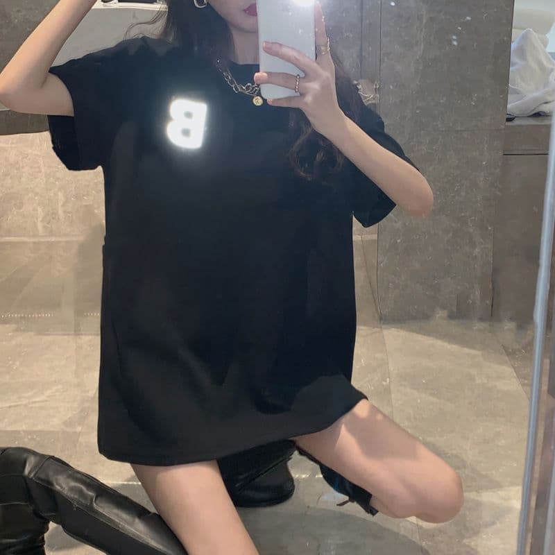 여름 새로운 한국 스타일 루즈핏 반팔 티셔츠 여성 3d 3 차원 범프 반사 프린트 여성 의류 맨위 상세 이미지 25