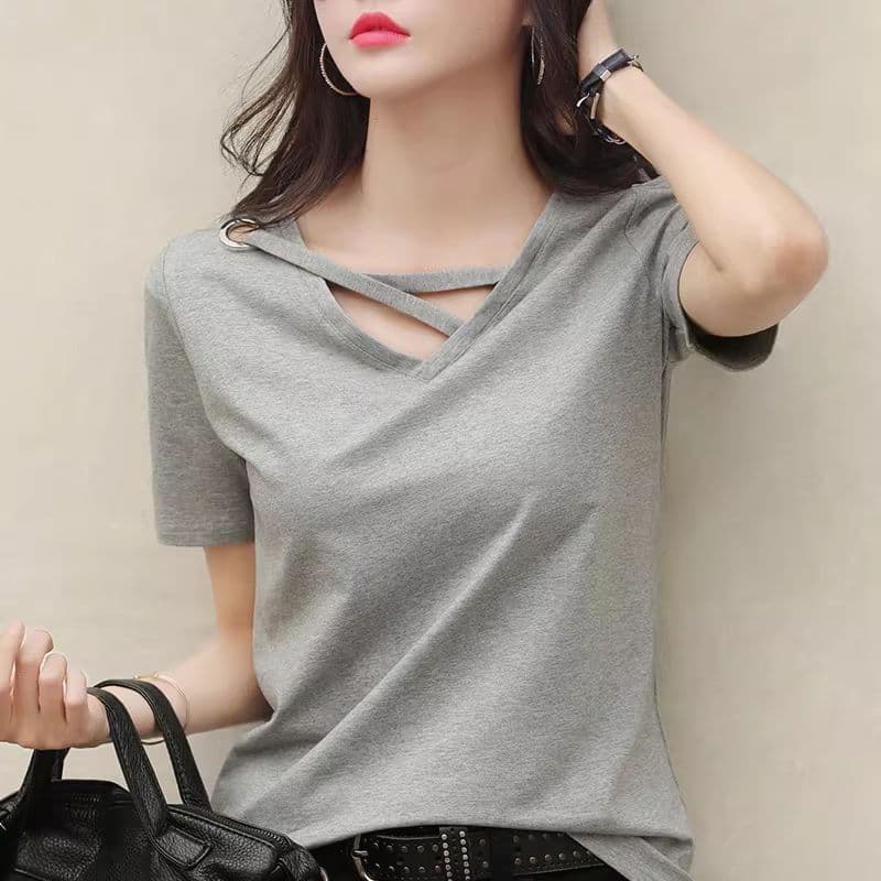 반팔 여성 새로운 여름 티셔츠 여성 V넥 루즈핏 한국 스타일 검정색 맨위 캐주얼 ins 동정 트렌디 이미지 4