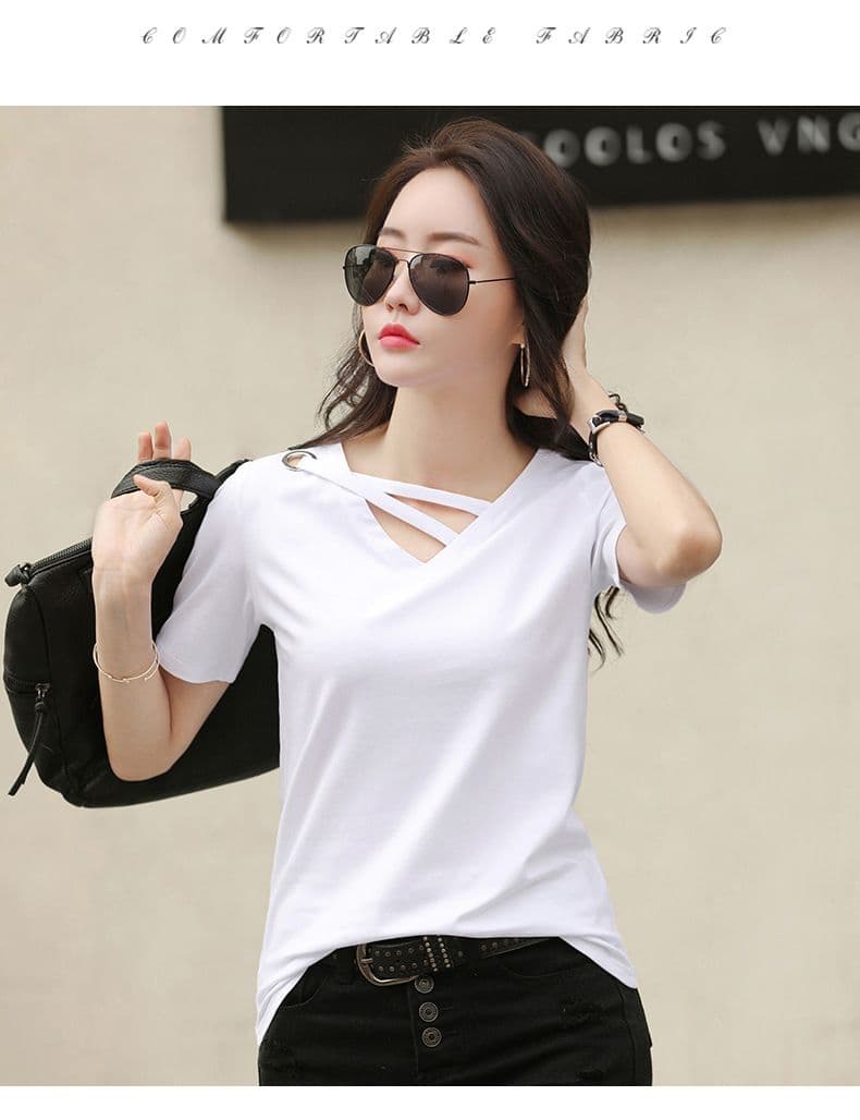 반팔 여성 새로운 여름 티셔츠 여성 V넥 루즈핏 한국 스타일 검정색 맨위 캐주얼 ins 동정 트렌디 상세 이미지 12