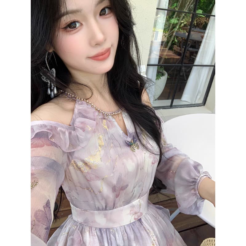 blovelan 나비 서식지 흐름 쌰 품격 오프숄더 불규칙 프릴 나비 프린트 긴팔 드레스 봄 이미지 5