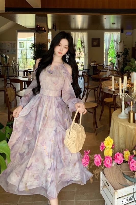 blovelan 나비 서식지 흐름 쌰 품격 오프숄더 불규칙 프릴 나비 프린트 긴팔 드레스 봄 이미지 7