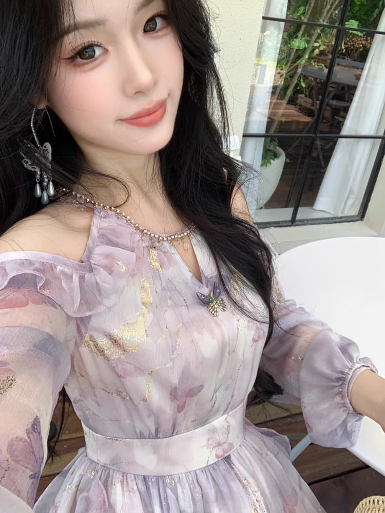 blovelan 나비 서식지 흐름 쌰 품격 오프숄더 불규칙 프릴 나비 프린트 긴팔 드레스 봄 상세 이미지 10