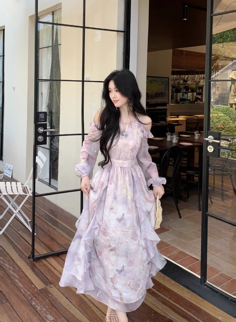 blovelan 나비 서식지 흐름 쌰 품격 오프숄더 불규칙 프릴 나비 프린트 긴팔 드레스 봄 상세 이미지 19