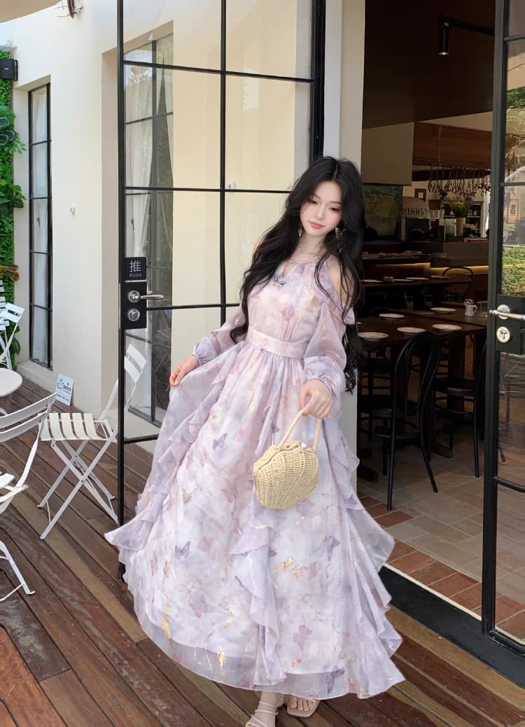 blovelan 나비 서식지 흐름 쌰 품격 오프숄더 불규칙 프릴 나비 프린트 긴팔 드레스 봄 상세 이미지 21