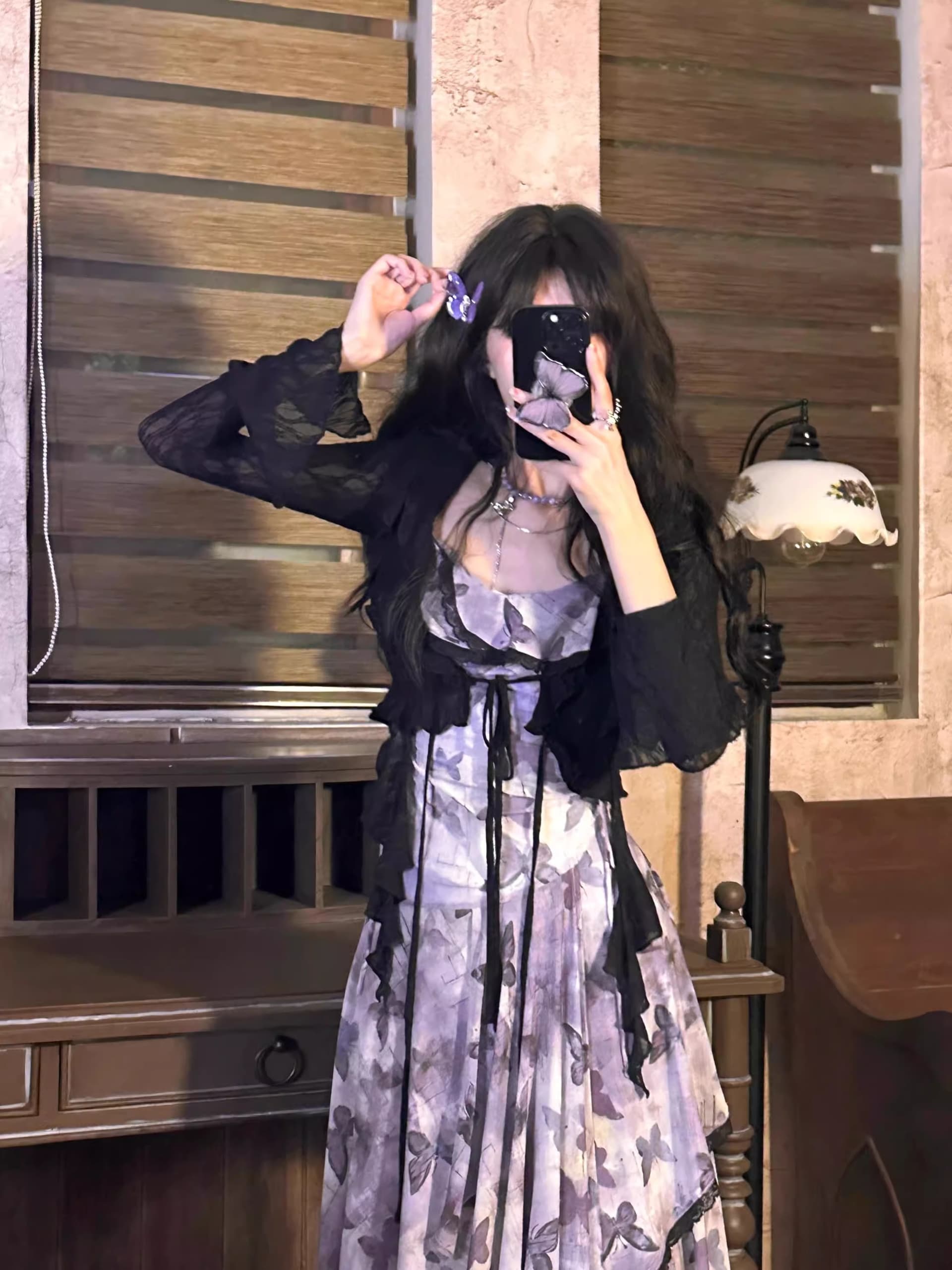 프랑스식 레트로 나비 꽃무늬 슬립 요정 여성 드레스 여름 새로운 품격 허리 수축 슬림해 보이는 망사 롱 스커트 이미지 3