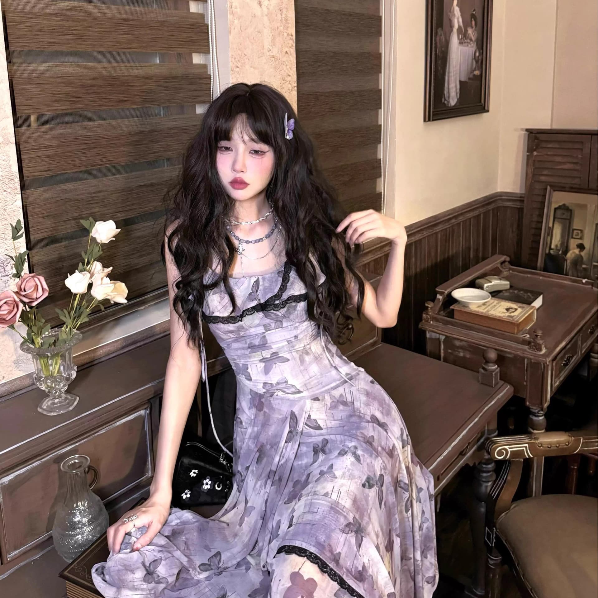 프랑스식 레트로 나비 꽃무늬 슬립 요정 여성 드레스 여름 새로운 품격 허리 수축 슬림해 보이는 망사 롱 스커트 이미지 6