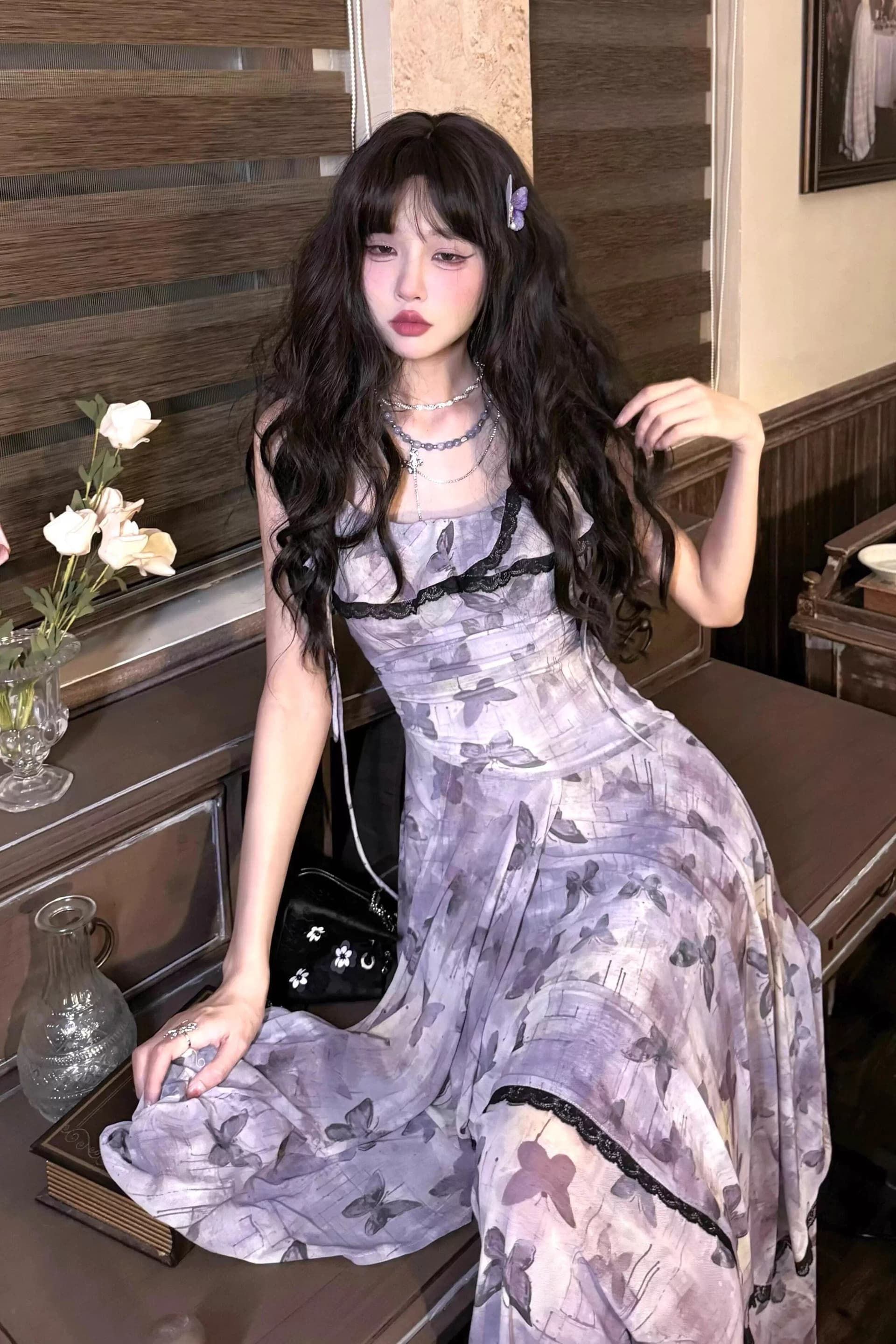 프랑스식 레트로 나비 꽃무늬 슬립 요정 여성 드레스 여름 새로운 품격 허리 수축 슬림해 보이는 망사 롱 스커트 이미지 7