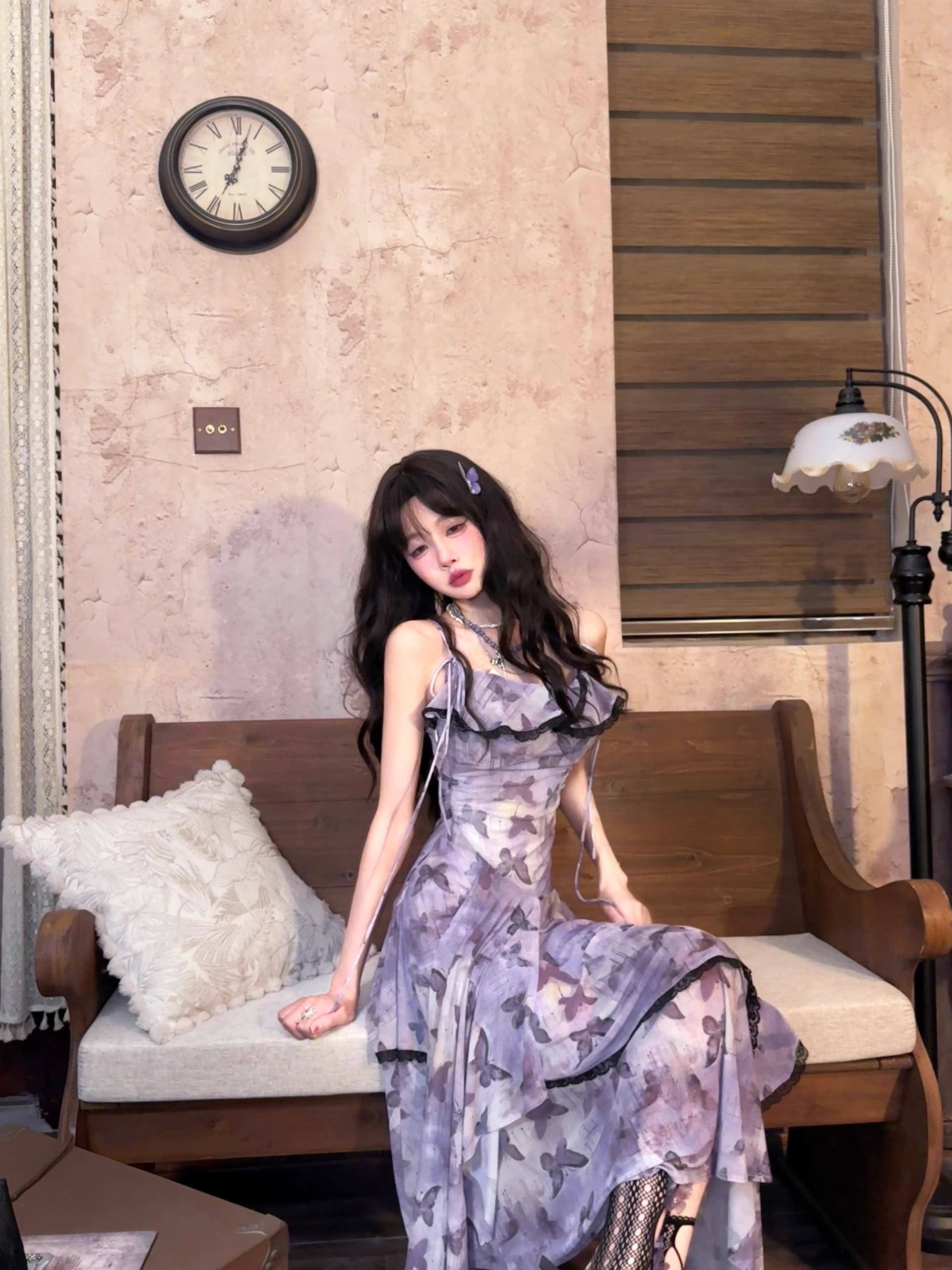 프랑스식 레트로 나비 꽃무늬 슬립 요정 여성 드레스 여름 새로운 품격 허리 수축 슬림해 보이는 망사 롱 스커트 상세 이미지 3