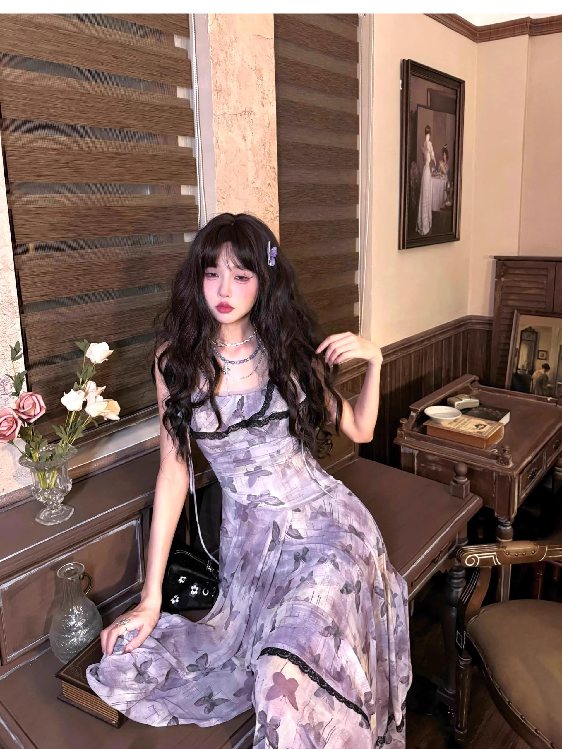 프랑스식 레트로 나비 꽃무늬 슬립 요정 여성 드레스 여름 새로운 품격 허리 수축 슬림해 보이는 망사 롱 스커트 상세 이미지 8