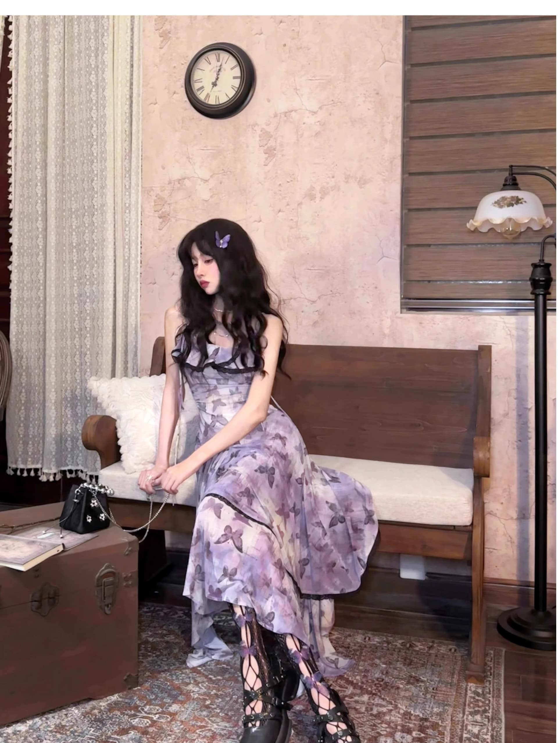 프랑스식 레트로 나비 꽃무늬 슬립 요정 여성 드레스 여름 새로운 품격 허리 수축 슬림해 보이는 망사 롱 스커트 상세 이미지 9