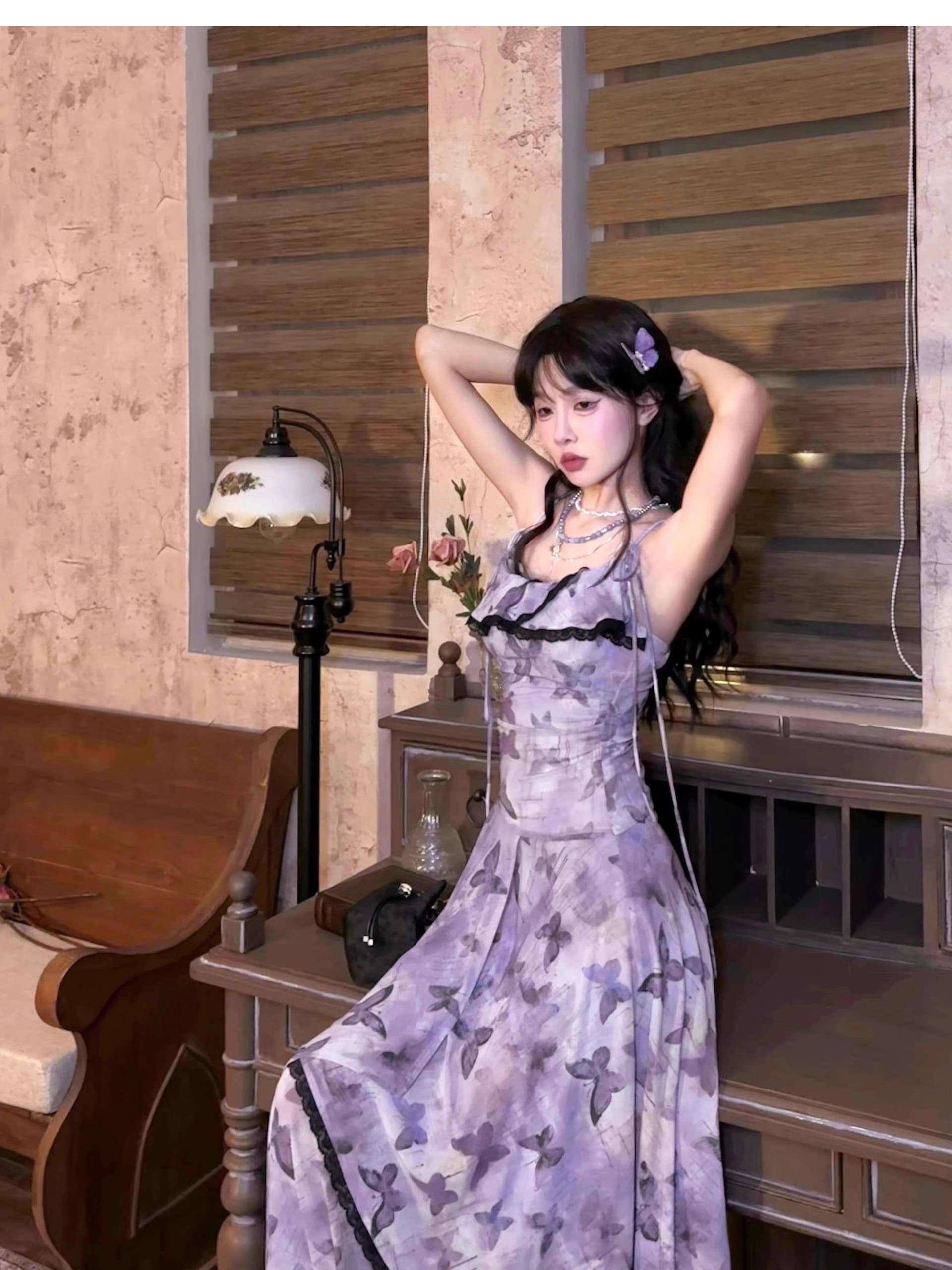 프랑스식 레트로 나비 꽃무늬 슬립 요정 여성 드레스 여름 새로운 품격 허리 수축 슬림해 보이는 망사 롱 스커트 상세 이미지 14