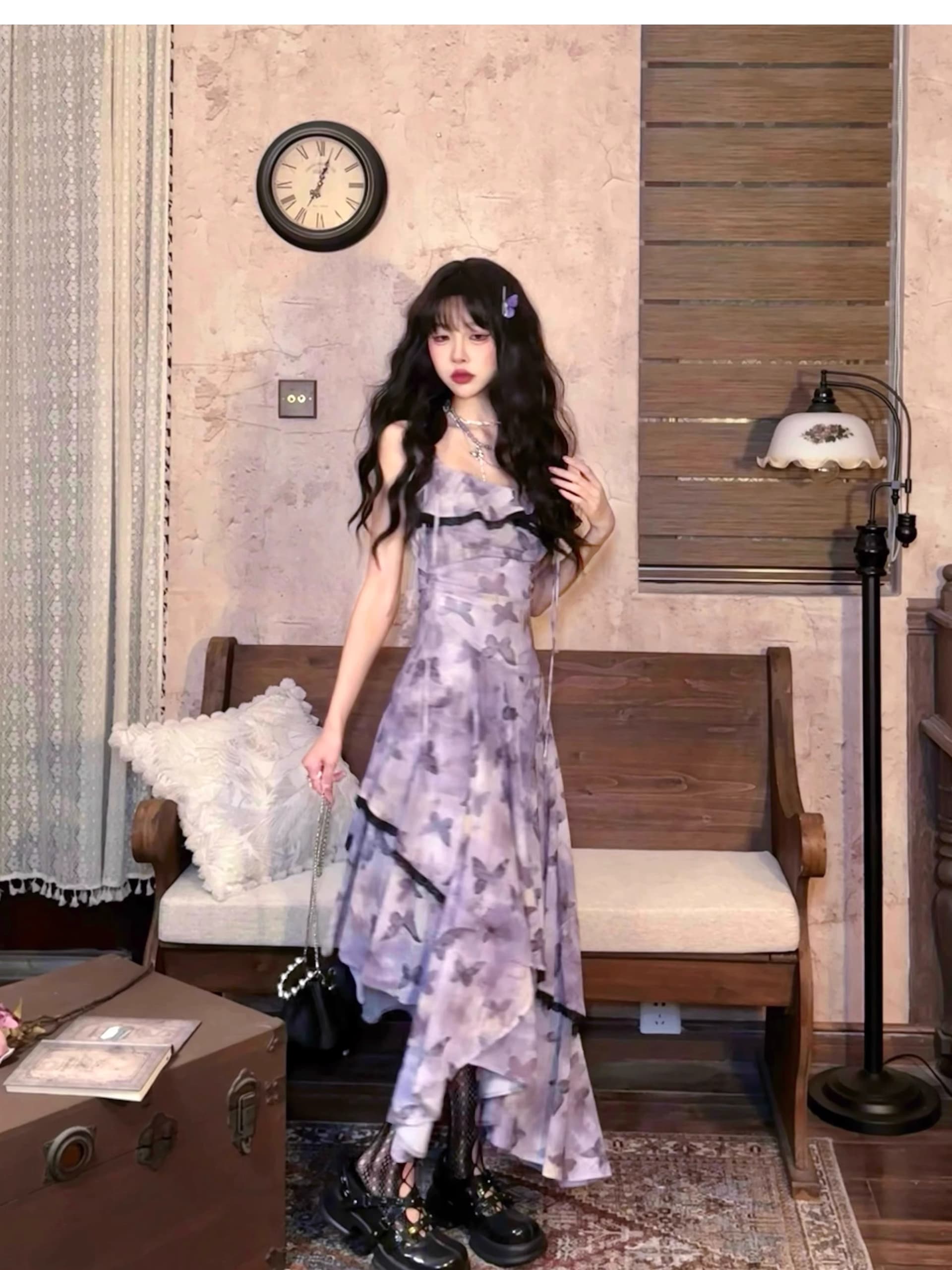 프랑스식 레트로 나비 꽃무늬 슬립 요정 여성 드레스 여름 새로운 품격 허리 수축 슬림해 보이는 망사 롱 스커트 상세 이미지 15
