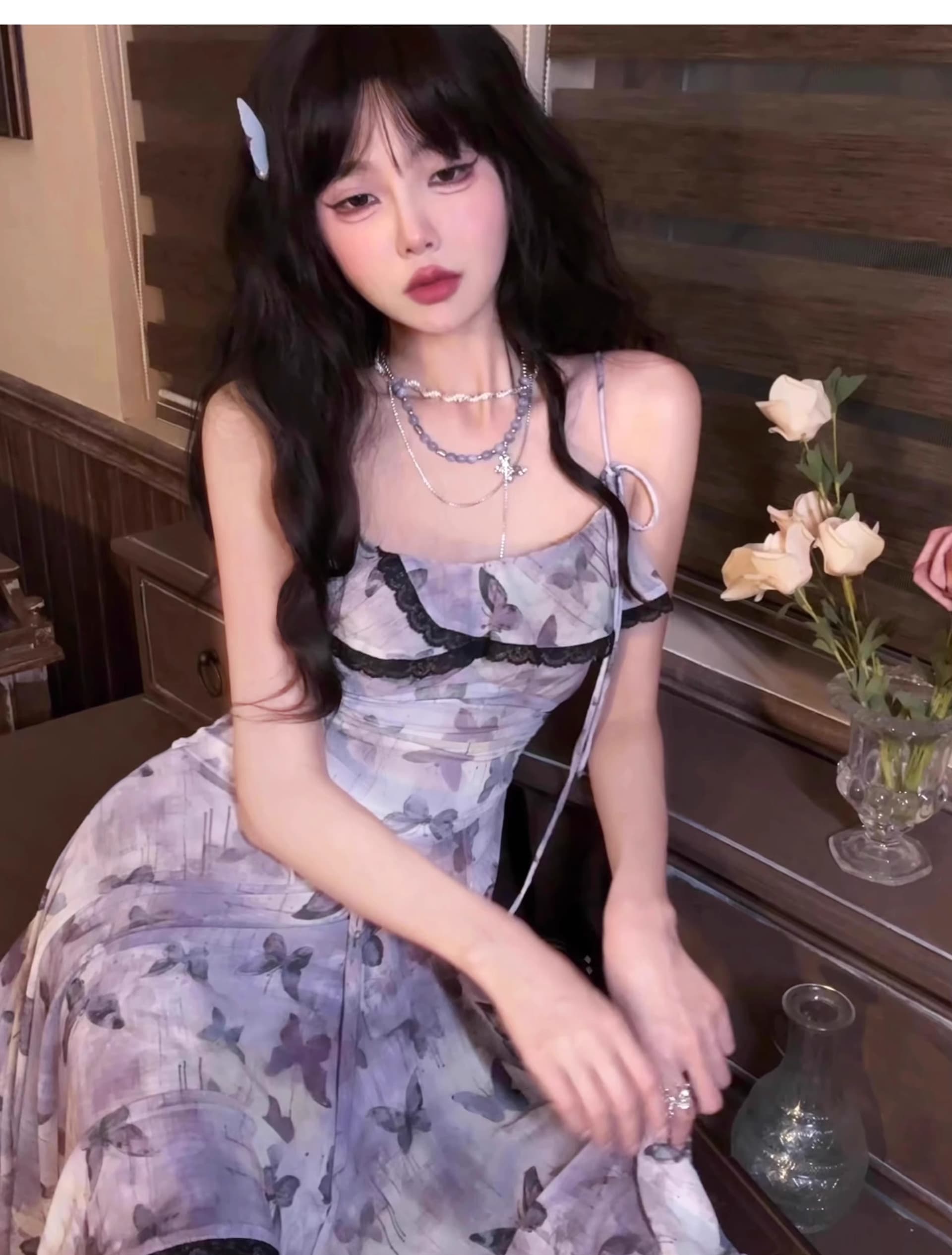 프랑스식 레트로 나비 꽃무늬 슬립 요정 여성 드레스 여름 새로운 품격 허리 수축 슬림해 보이는 망사 롱 스커트 상세 이미지 19