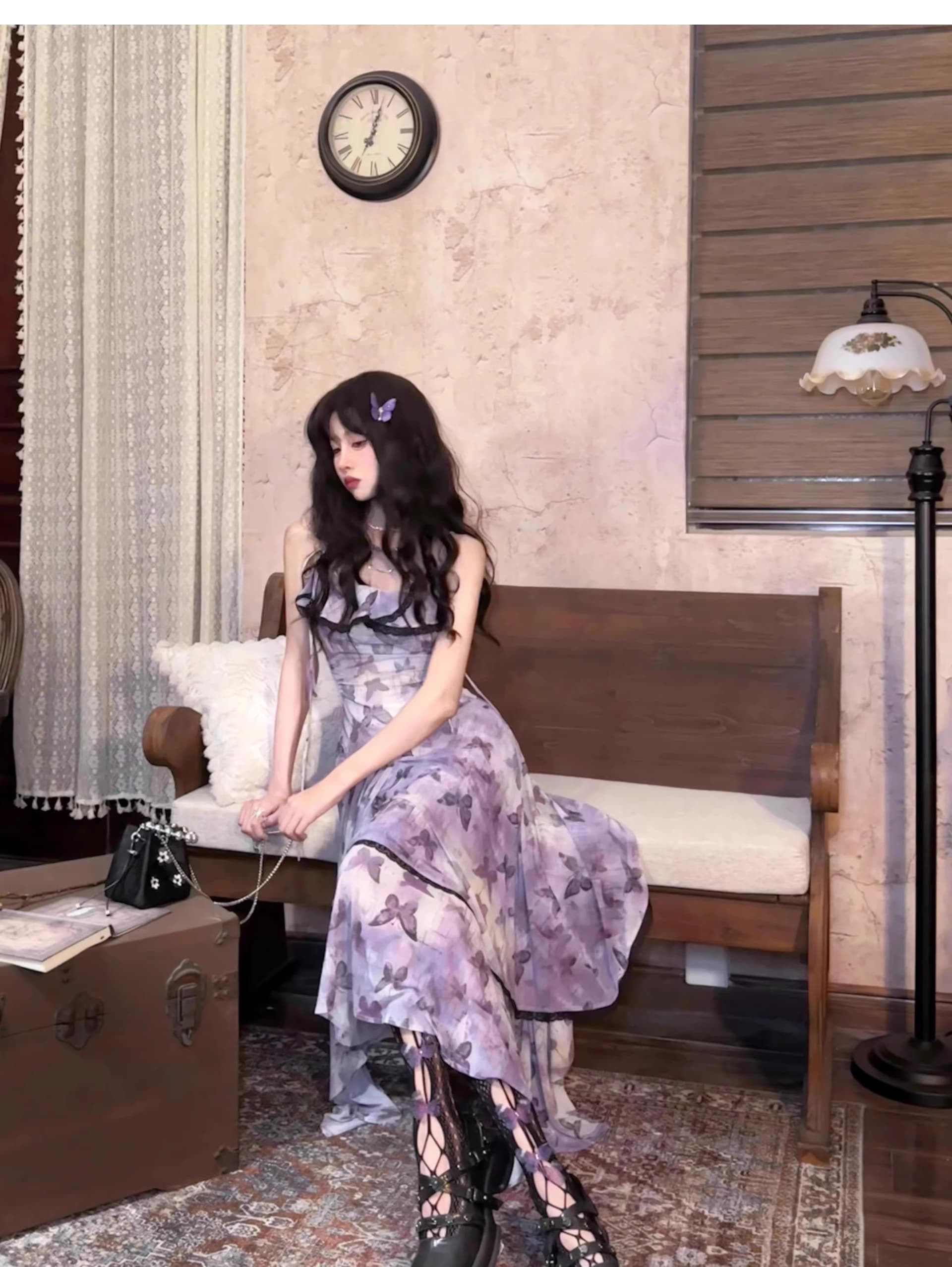 프랑스식 레트로 나비 꽃무늬 슬립 요정 여성 드레스 여름 새로운 품격 허리 수축 슬림해 보이는 망사 롱 스커트 상세 이미지 21