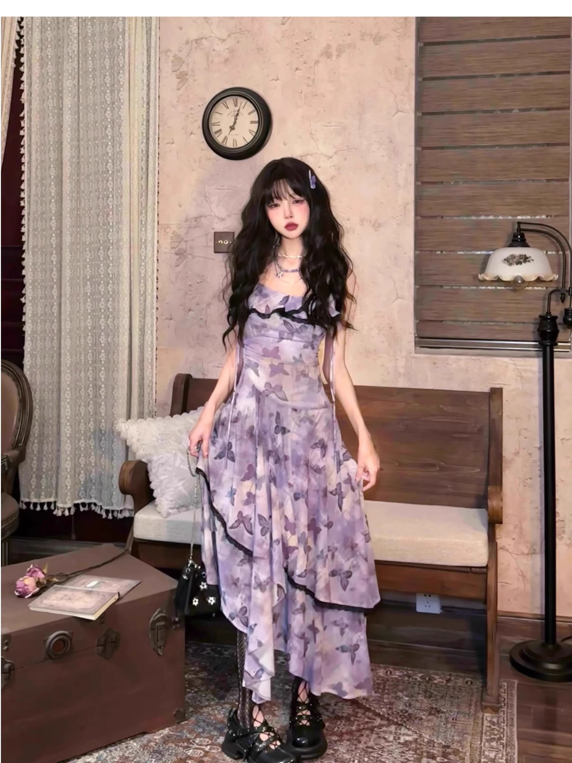 프랑스식 레트로 나비 꽃무늬 슬립 요정 여성 드레스 여름 새로운 품격 허리 수축 슬림해 보이는 망사 롱 스커트 상세 이미지 25