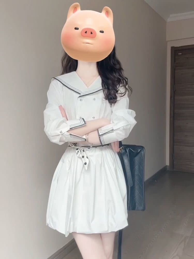 한 부서 패션 디자인 센스 작은 대중 해군 칼라 패치워크 드레스 여자 학생 여름 허리 수축 슬림해 보이는 꽃밭 치마 이미지 2