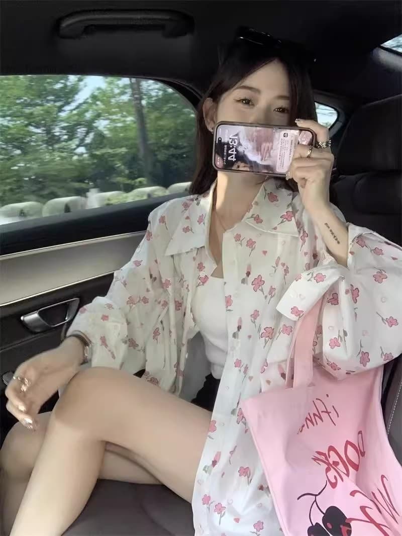 달콤함 꽃무늬 POLO 칼라 여성 셔츠 봄 여름 얇은 스타일 자외선 차단 루즈핏 다용도 오픈 가디건 부드러운 품격 작은 대중 맨위 상세 이미지 12