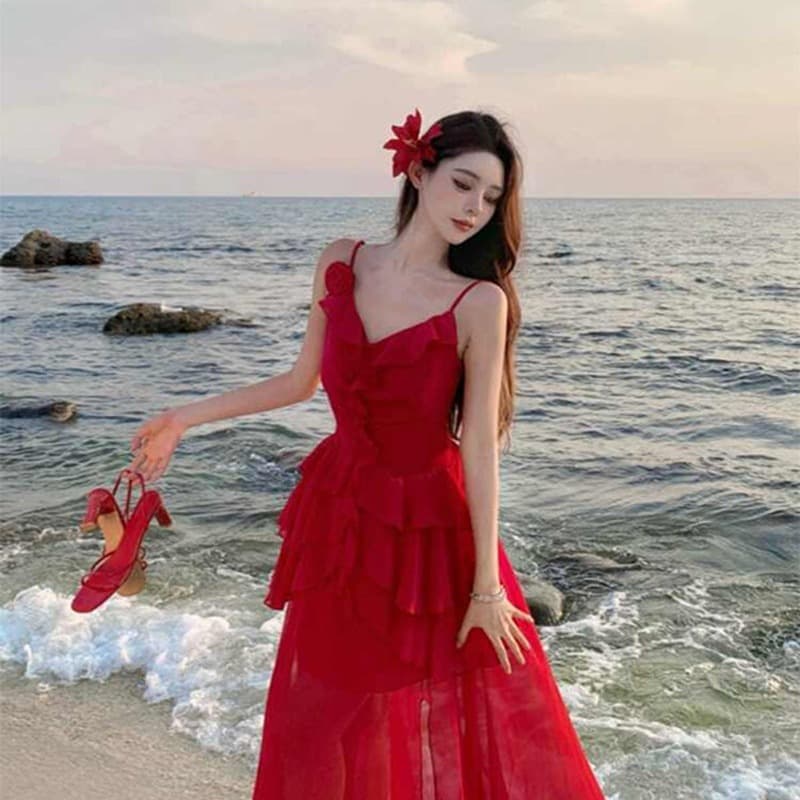 슈퍼 디스플레이 화이트 트임 불규칙 여성 드레스 2026 여름 새로운 마이크로 지방 빅 사이즈 슬립 드레스 오픈 가디건 슬립 드레스 이미지 2