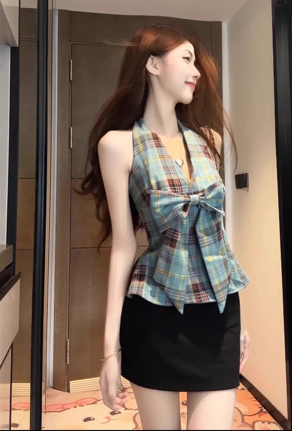 2026 달콤한 핫걸 레트로 배색 체크무늬 캐미솔 패션 나비 매듭 행침 목 Chic 맨위 트렌디 상세 이미지 4