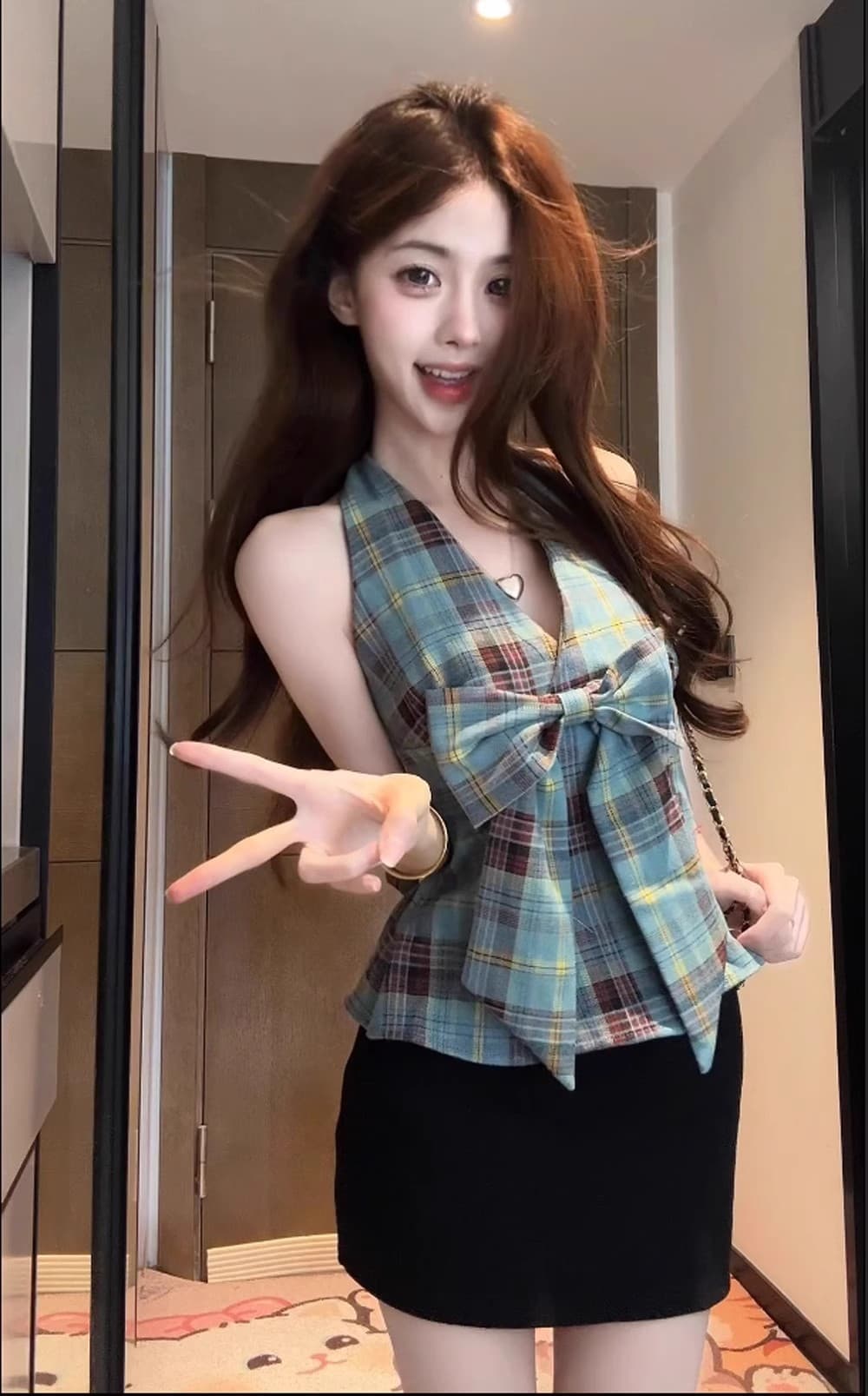 2026 달콤한 핫걸 레트로 배색 체크무늬 캐미솔 패션 나비 매듭 행침 목 Chic 맨위 트렌디 상세 이미지 5