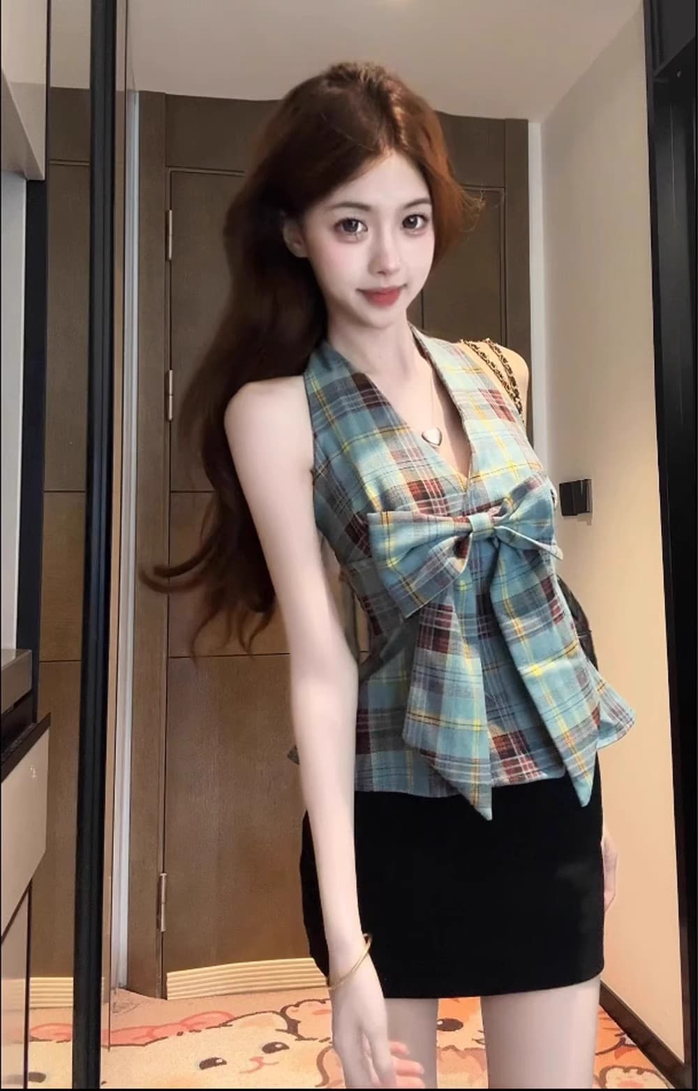2026 달콤한 핫걸 레트로 배색 체크무늬 캐미솔 패션 나비 매듭 행침 목 Chic 맨위 트렌디 상세 이미지 8