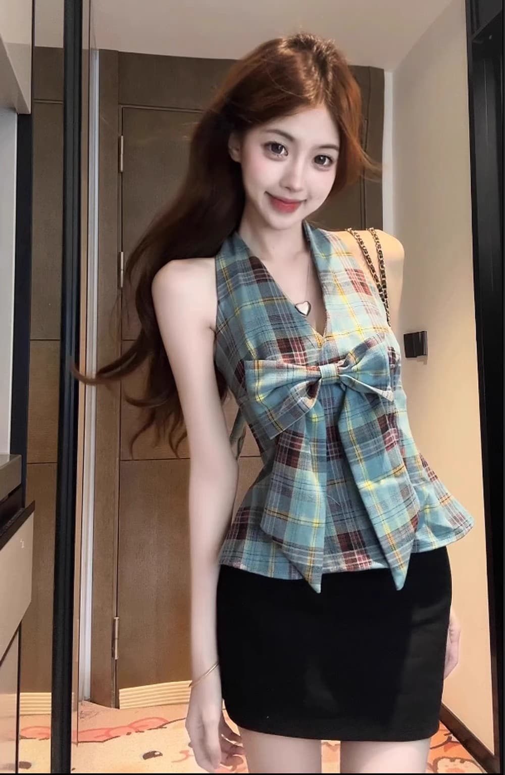 2026 달콤한 핫걸 레트로 배색 체크무늬 캐미솔 패션 나비 매듭 행침 목 Chic 맨위 트렌디 상세 이미지 10