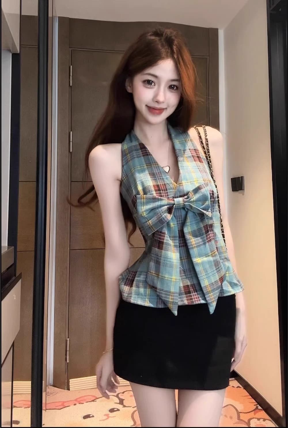 2026 달콤한 핫걸 레트로 배색 체크무늬 캐미솔 패션 나비 매듭 행침 목 Chic 맨위 트렌디 상세 이미지 11