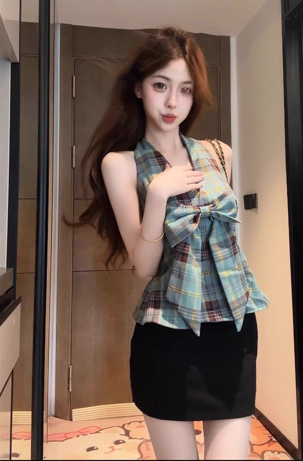2026 달콤한 핫걸 레트로 배색 체크무늬 캐미솔 패션 나비 매듭 행침 목 Chic 맨위 트렌디 상세 이미지 12