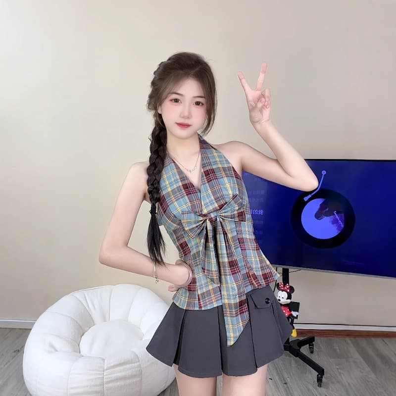 오프숄더 디자인 센스 착용 가져 가라. V넥 행침 목 작은 셔츠 체크무늬 핫걸 캐미솔 외출용 나비 매듭 민소매 맨위 상세 이미지 4