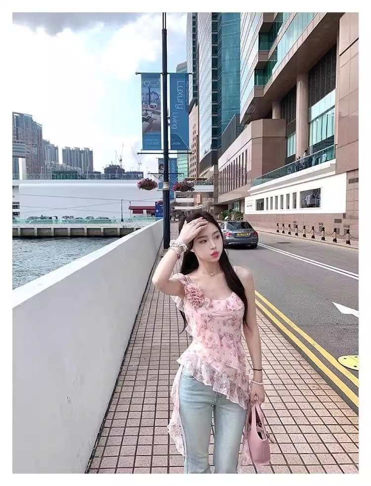 꽃무늬 불규칙 프릴 캐미솔 여름 디자인 센스 허리 수축 몸매 가꾸기 민소매 쉬폰 톱 상세 이미지 11