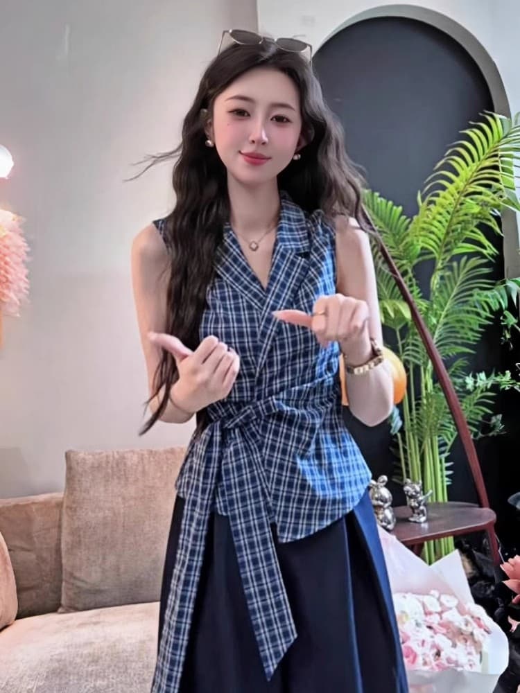 프랑스식 V넥 나비 매듭 스트랩 파란색 격자 무늬 셔츠 조끼 여성 여름 핫걸 외출용 몸매 가꾸기 민소매 맨위 이미지 4