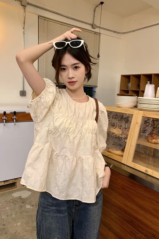 거품 소매 여성 셔츠 여름 2025 새로운 프랑스식 디자인 센스 작은 키 주름 루즈핏 쇼트 스타일 Chic 작은 셔츠 이미지 6