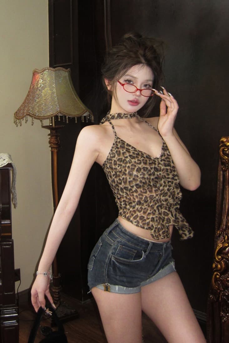 진주 쉬폰 섹시함 레오파드 무늬 프린트 목도리 프릴 캐미솔 휴가 낮은 가슴 백리스 다용도 맨위 이미지 6
