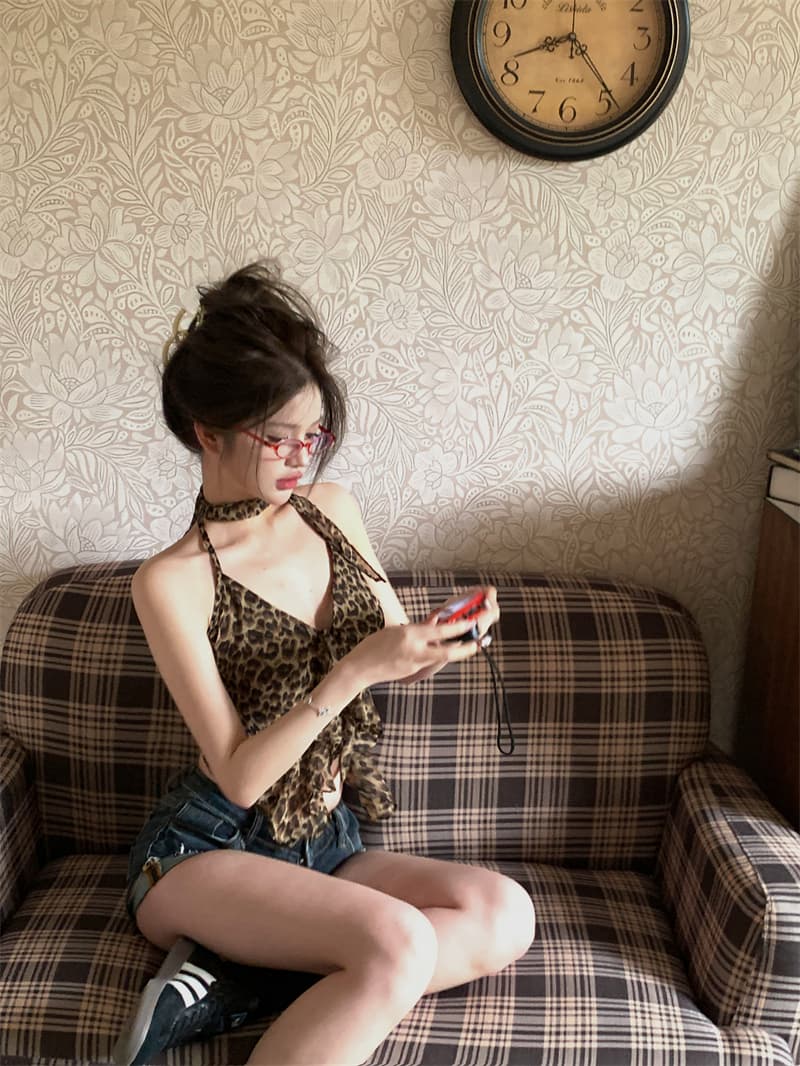 진주 쉬폰 섹시함 레오파드 무늬 프린트 목도리 프릴 캐미솔 휴가 낮은 가슴 백리스 다용도 맨위 상세 이미지 12