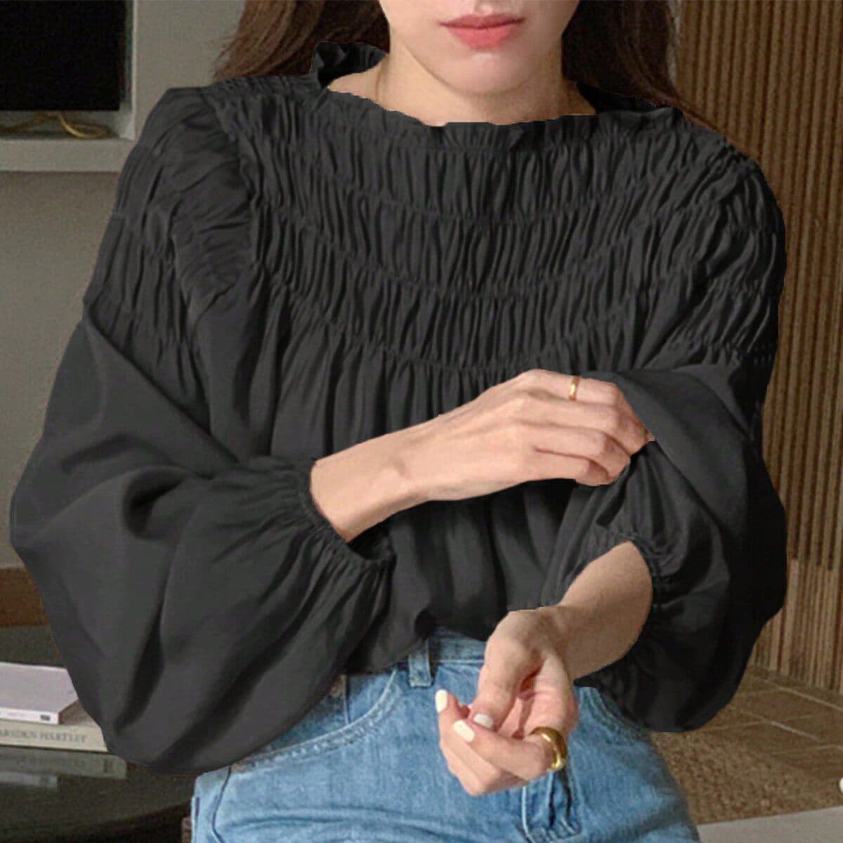 한국 chic 달콤함 Chic 쉬폰 블라우스 거품 소매 라운드 넥 여성 가을 보트넥 주름 디자인 여성 셔츠 상세 이미지 17