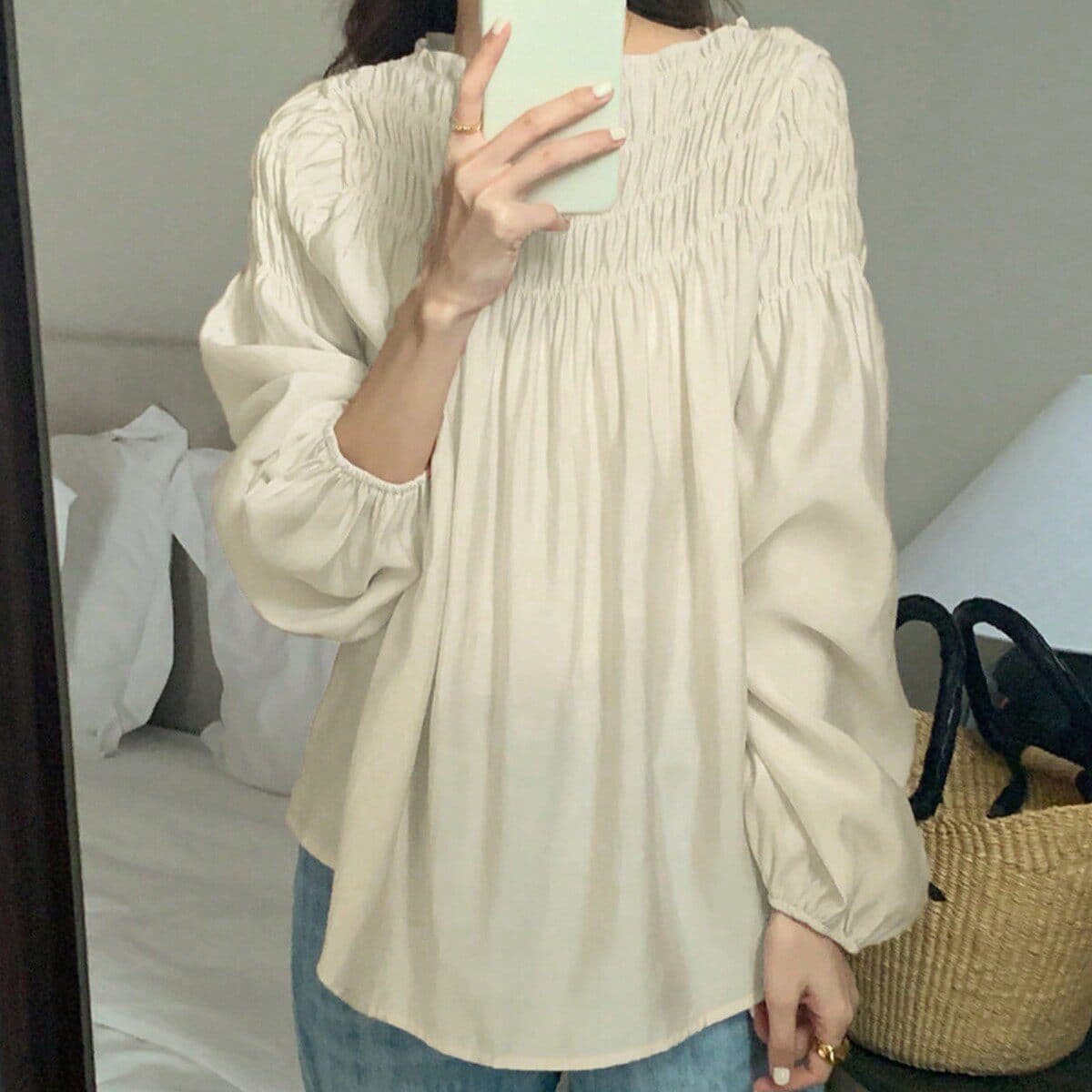 한국 chic 달콤함 Chic 쉬폰 블라우스 거품 소매 라운드 넥 여성 가을 보트넥 주름 디자인 여성 셔츠 상세 이미지 27