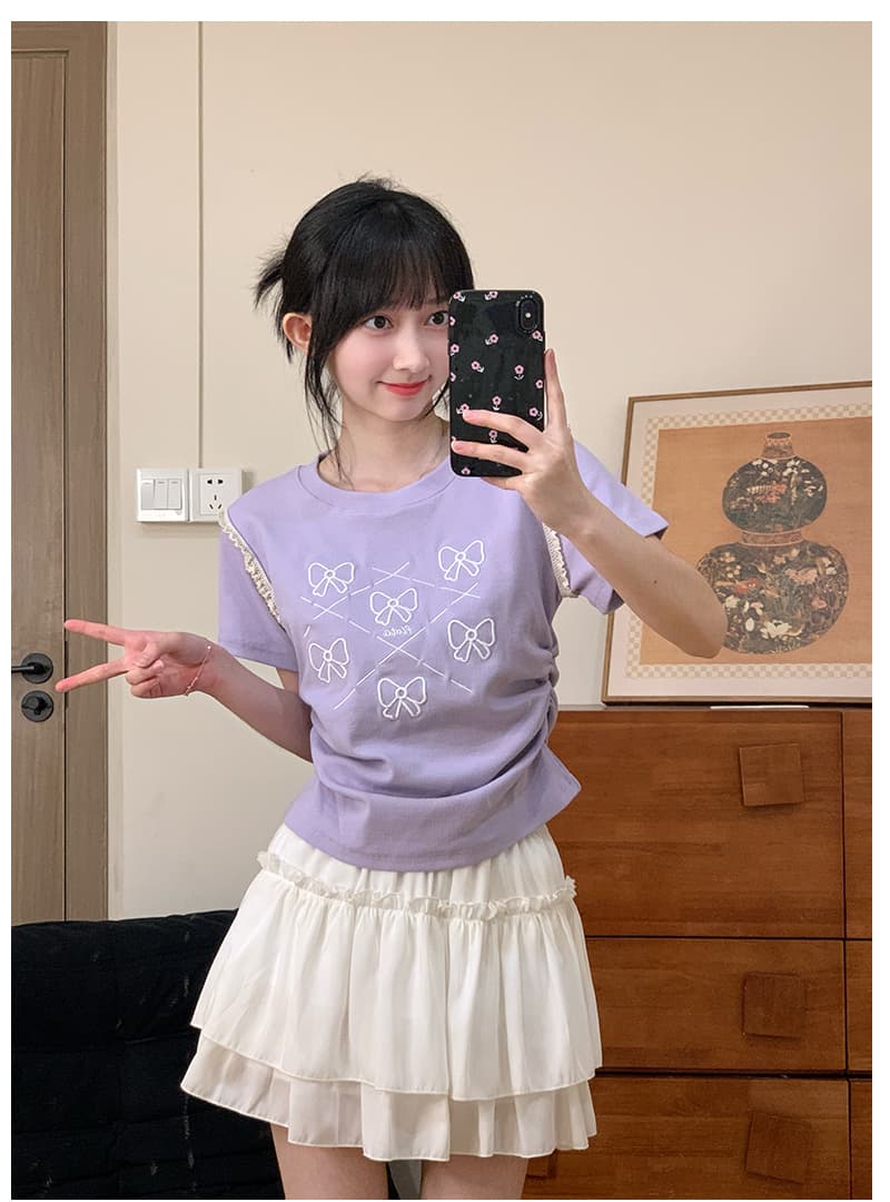작은 대중 자수 나비 매듭 긍정적 인 어깨 티셔츠 여성 달콤함 부드러운 바람 프릴 반팔 노출되지 않음 허리 쇼트 스타일 이미지 3