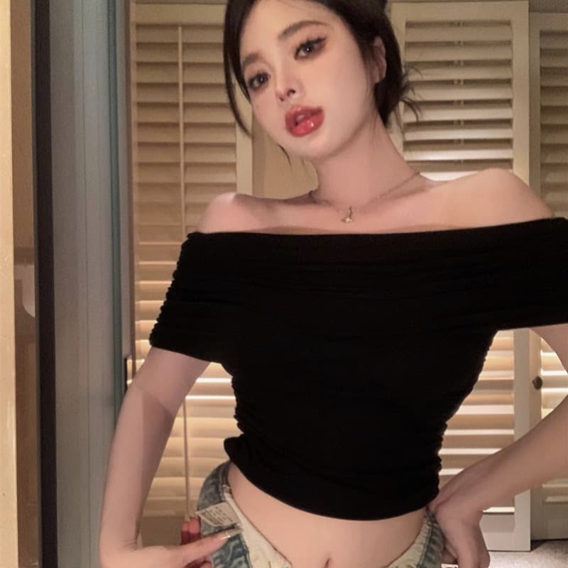 오프숄더 반팔 티셔츠 여성 여름 섹시함 핫걸 타이트 허리 수축 쇼트 스타일 오프숄더 맨위 이미지 5