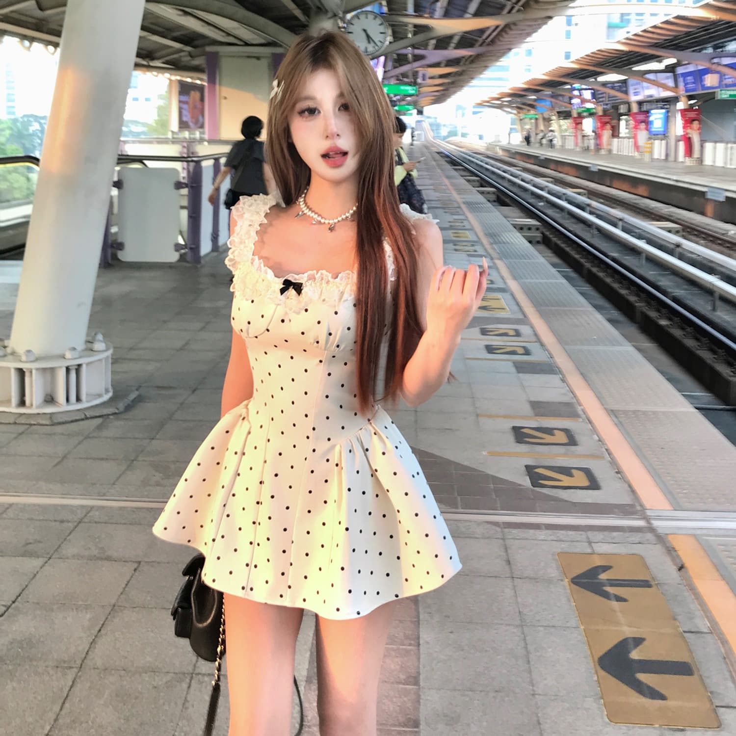mejiu 꿀 나인 순수한 사랑 불꽃 놀이 몸매 가꾸기 순수한 욕망 달콤한 매운맛 허리 수축 디자인 센스 작은 심장 기계 도트 무늬 드레스 상세 이미지 4