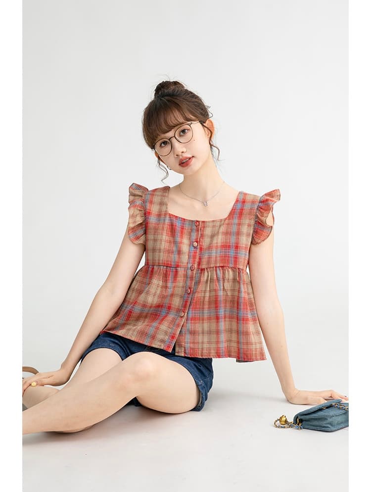 프랑스식 작은 날다 소매 빨간색 격자 무늬 셔츠 작은 청신 달콤함 맨위 여성 여름 Chic 민소매 인형 셔츠 작은 키 이미지 3