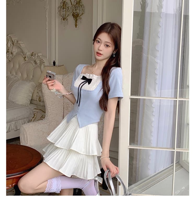 있음 선적 리브 달콤함 나비 매듭 광장 칼라 반팔 티셔츠 여성 여름 이미지 4