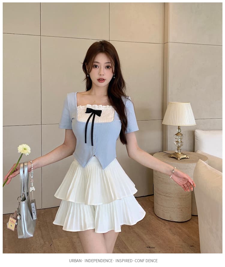 있음 선적 리브 달콤함 나비 매듭 광장 칼라 반팔 티셔츠 여성 여름 상세 이미지 7