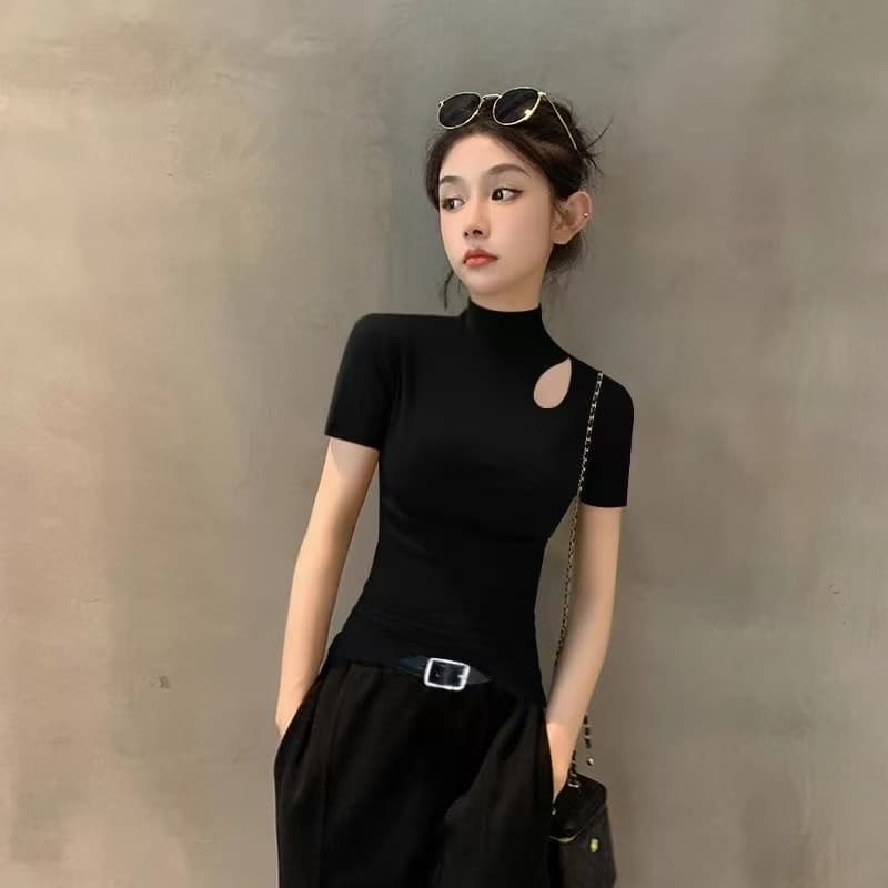 실사 정가 40 순면 210 그램 92 면 8 암모니아 Lun 반하이넥 반팔 티셔츠 여성 홀로우 아웃 상세 이미지 2
