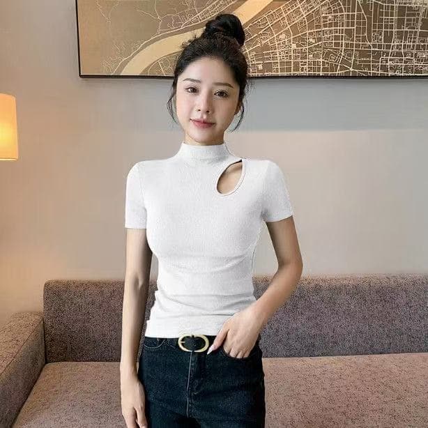 실사 정가 40 순면 210 그램 92 면 8 암모니아 Lun 반하이넥 반팔 티셔츠 여성 홀로우 아웃 상세 이미지 6