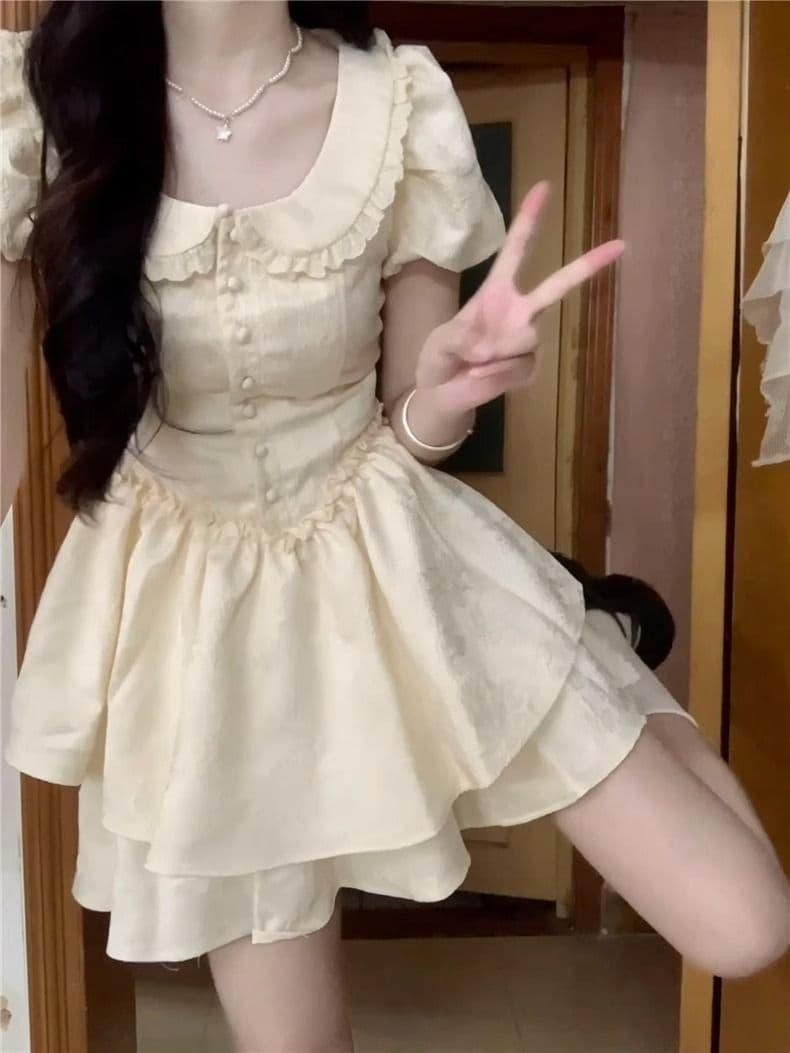 2026 여름 차 휴식 귀여운 슬림해 보이는 베이비 칼라 프랑스식 레트로 드레스 요정 치마 공주 퍼프 미니 스커트 여성 상세 이미지 6