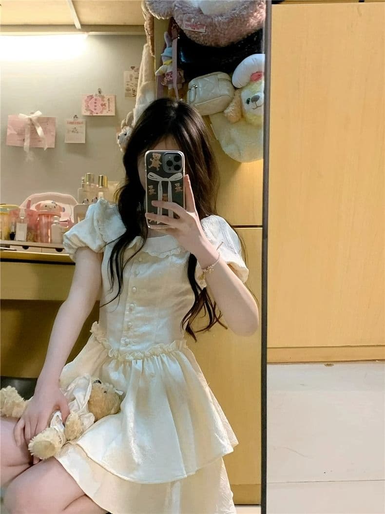 2026 여름 차 휴식 귀여운 슬림해 보이는 베이비 칼라 프랑스식 레트로 드레스 요정 치마 공주 퍼프 미니 스커트 여성 상세 이미지 10