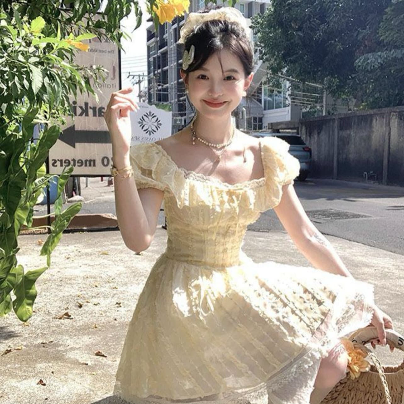 높은 품질 예술 건강 우유 씽 하는 소리 미니 스커트 순수한 욕망 바람 레이스 황색 광장 칼라 거품 소매 퍼프 드레스 이미지 5
